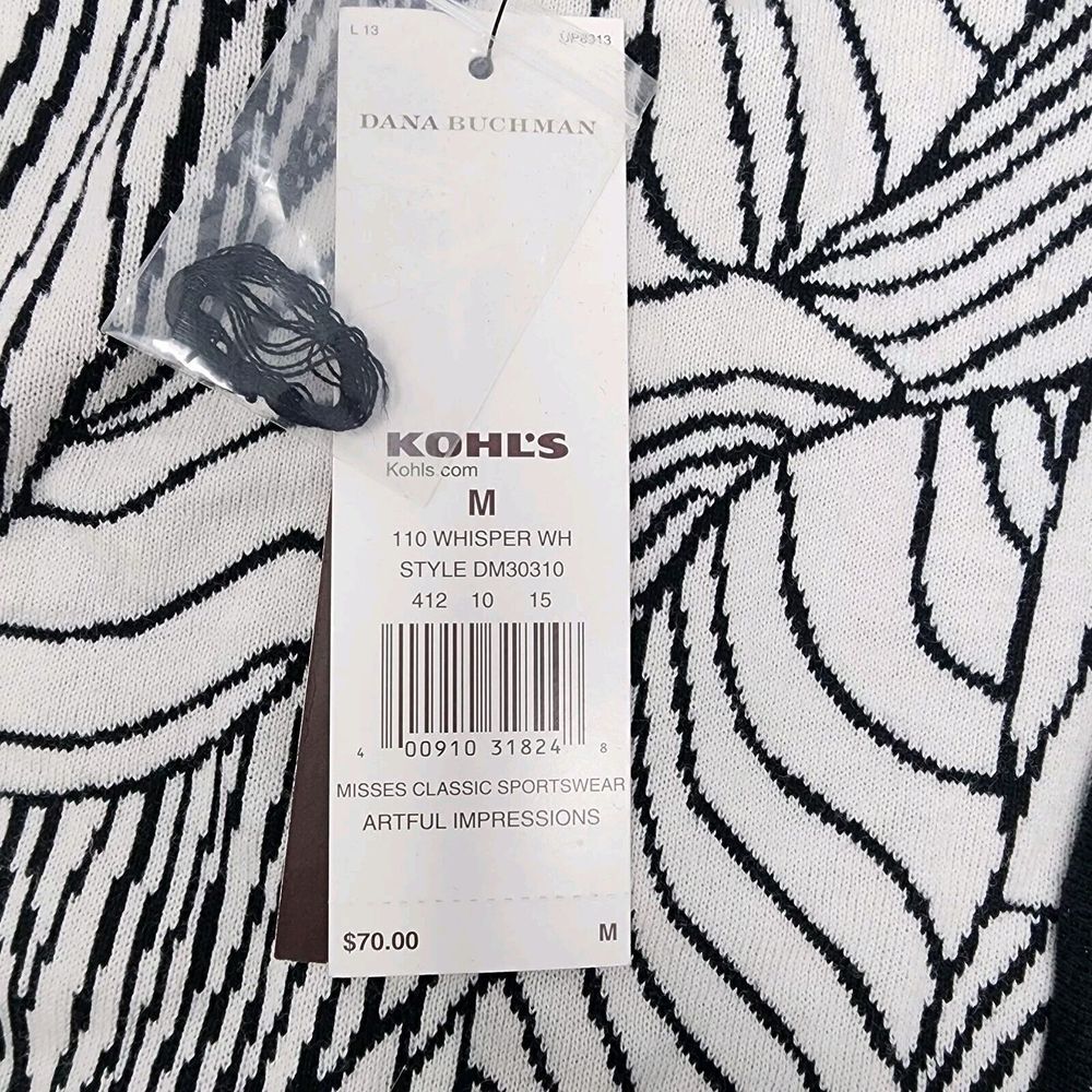 Dana Buchman Women's Medium Cardigan Sweater Black White Abstract Tie Front New - Picture 6 of 10